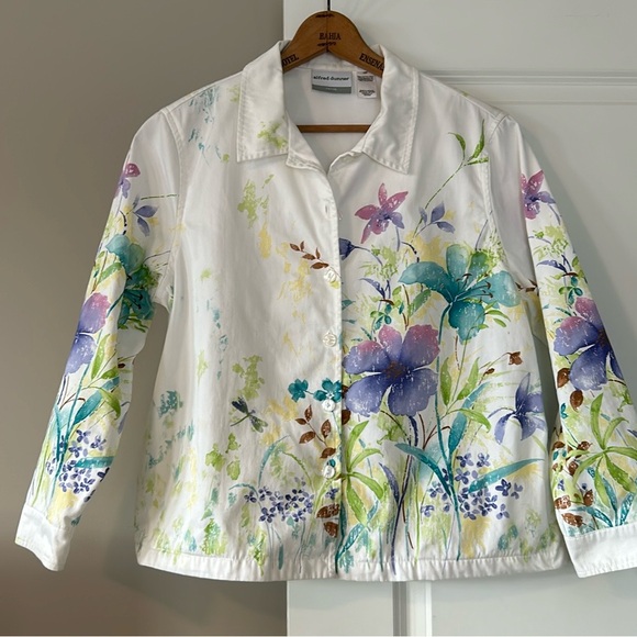 VTG Watercolor Floral Print White Cotton Twill/Sailcloth Jacket w Pockets - Picture 1 of 11
